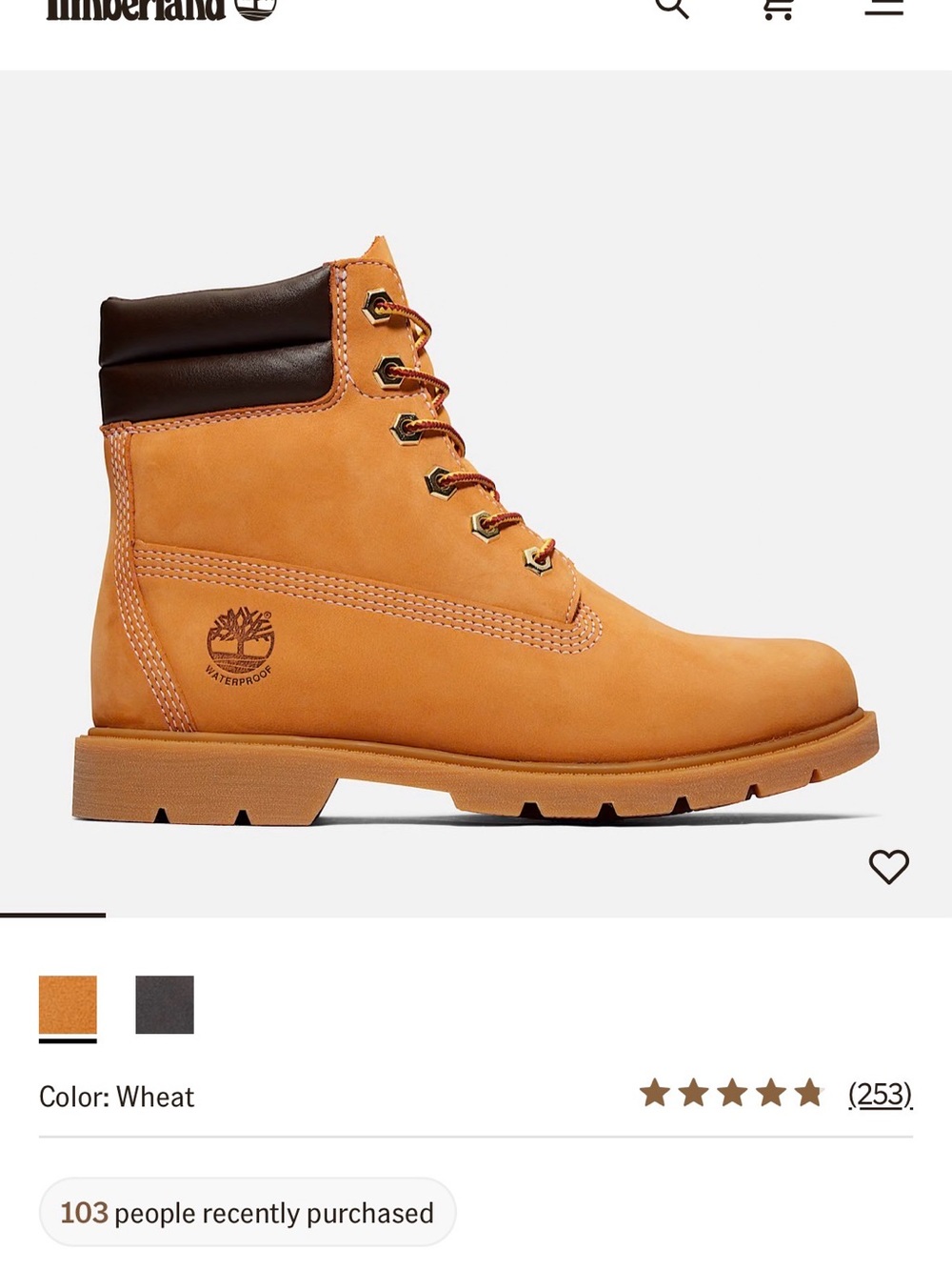 Timberland Wheat/Tan Lace-Up Waterproof Boot with Dark Brown Collar